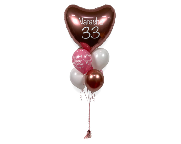 Ballonboeket Happy Birthday Rose-Goud Hart met Eigen Tekst